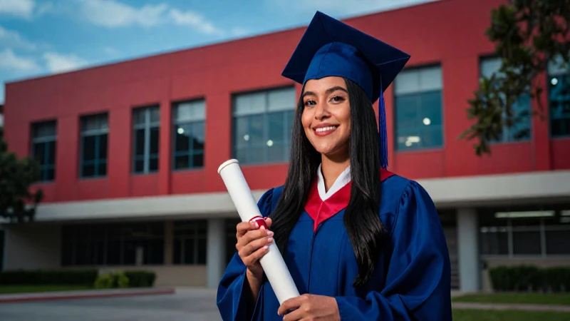 Estudiante mexicano exitoso con diploma y campus moderno