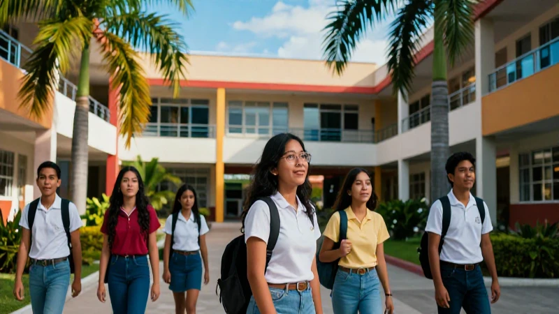 Joven mexicana en campus tropical vibrante