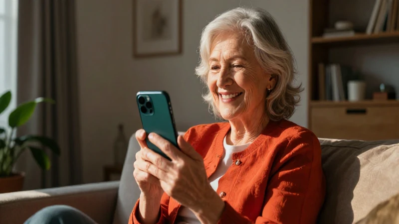 Anciana feliz usando smartphone en casa