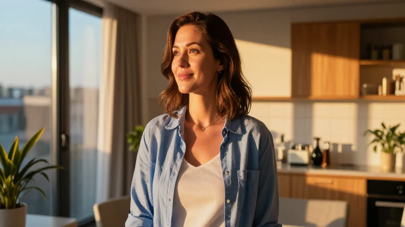 Madre resiliente, apartamento moderno, mirada esperanzada