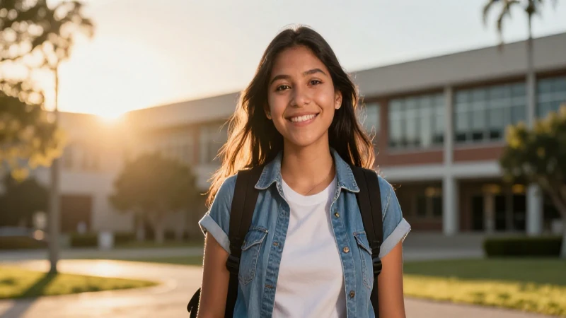 Joven mexicana sonriente en campus moderno con luz dorada