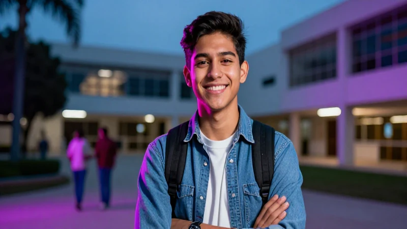 Joven mexicano sonriente en campus moderno