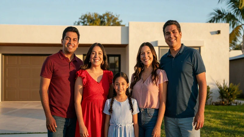 Familia mexicana sonriente ante casa moderna