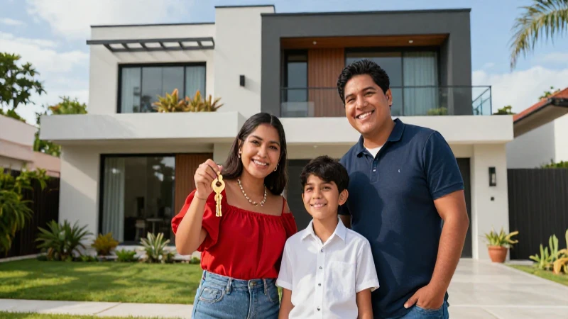 Familia mexicana con llave frente a hogar moderno