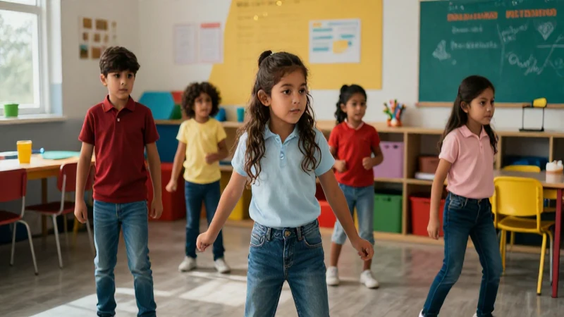 Niños mexicanos en un salón moderno y dinámico