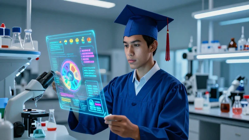 Estudiante mexicano en futuro laboratorio futurista