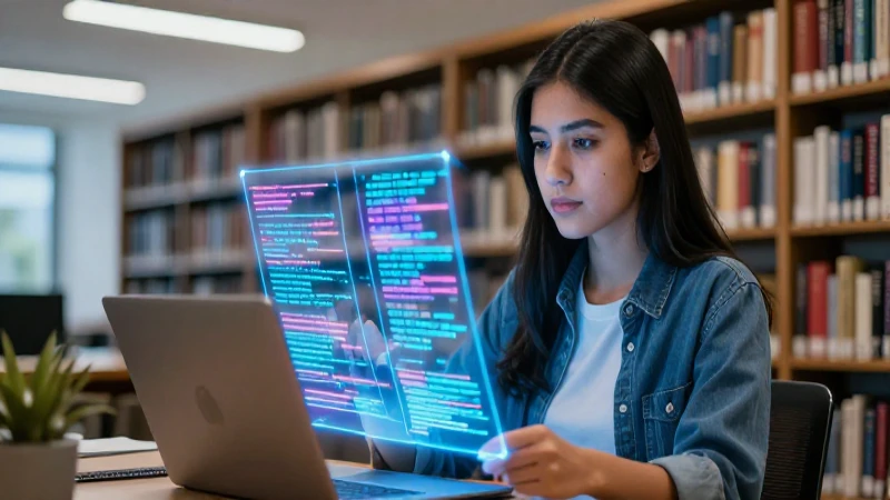 Estudiante mexicano programando con código holográfico