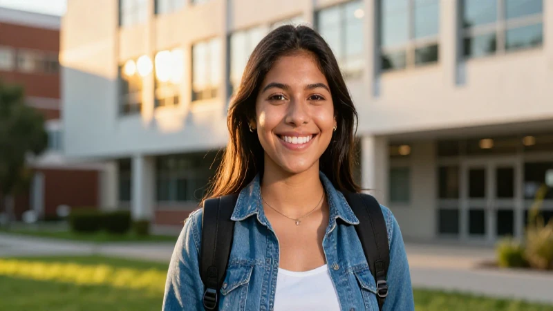 Joven mexicana radiante y sonriente en campus universitario