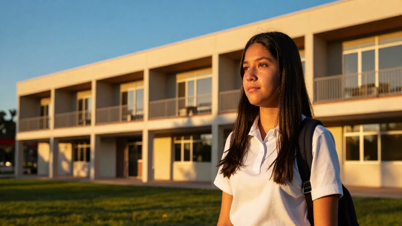 Estudiante mexicano, arquitectura moderna y luz dramática