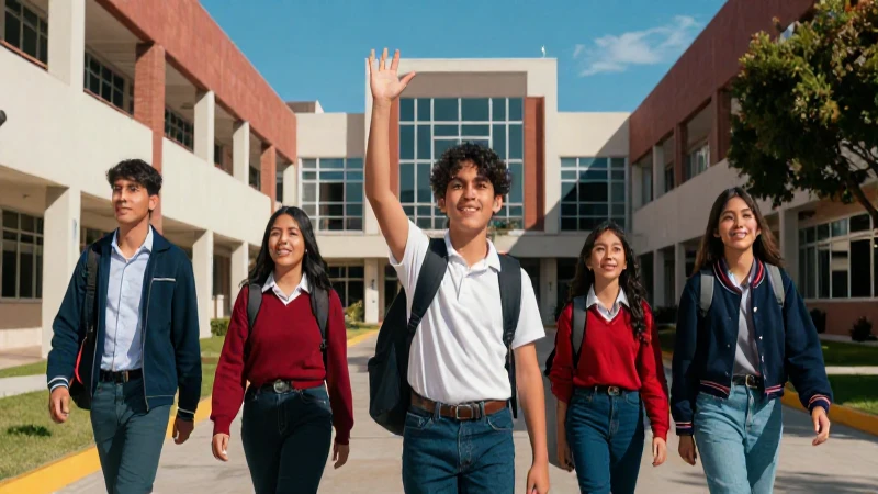 Estudiantes mexicanos celebrando éxito académico en un campus moderno