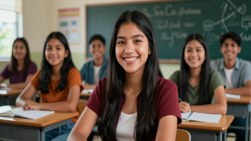 Estudiante mexicano sonriente en aula moderno y vibrante