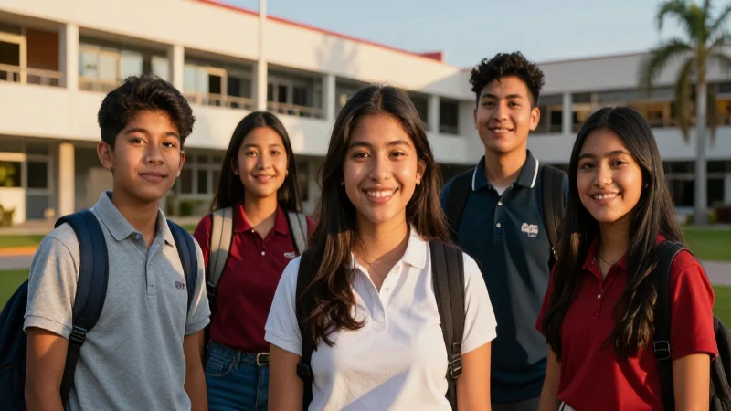 Jóvenes mexicanos sonriendo en escuela con luz dorada