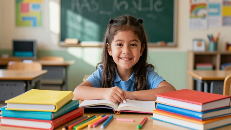 Niño sonríe con útiles coloridos en aula brillante