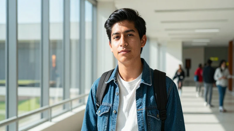Estudiante mexicano determinado en ambiente académico vibrante