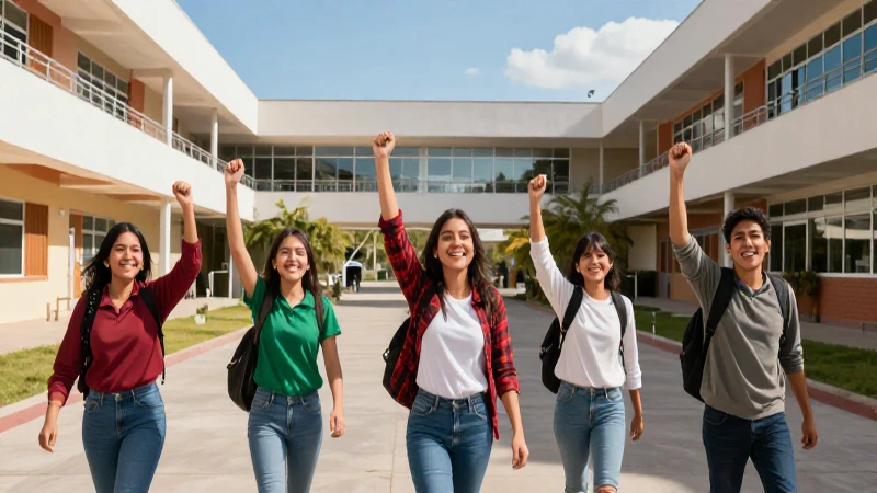Dónde puedo encontrar módulos para el cambio de tarjeta Bienestar 34 Estudiantes mexicanos celebrando en un moderno campus vibrante