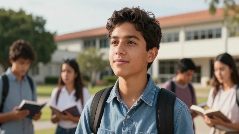 Estudiante mexicano optimista en campus moderno