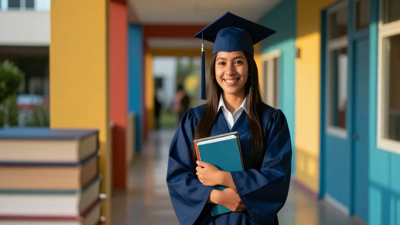 Joven mexicano sonríe en moderno pasillo escolar