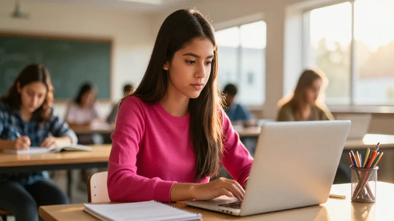 Joven estudiante mexicana estudia con laptop