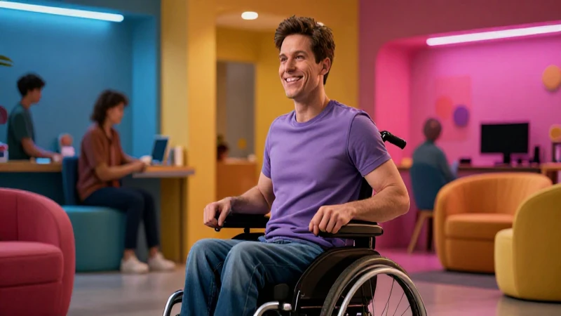 Adulto sonriente y determinado en ambiente moderno