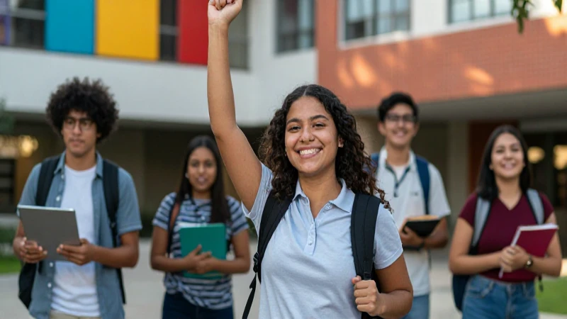 Estudiante mexicano sonríe en campus vibrante y moderno