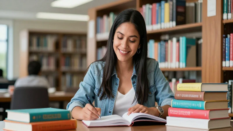 Madre mexicana sonriente estudia en biblioteca moderna