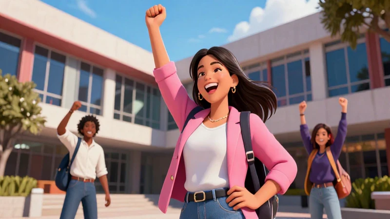 Estudiante mexicana triunfal en campus moderno