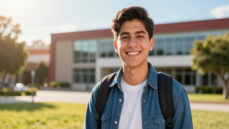Joven sonríendo en campus con luz dorada