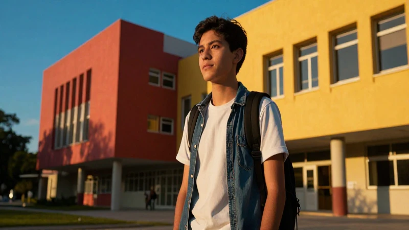 Estudiante mexicano en campus vibrante y dramático