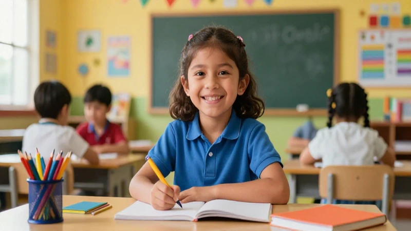 Niño feliz en clase vibrante y moderna