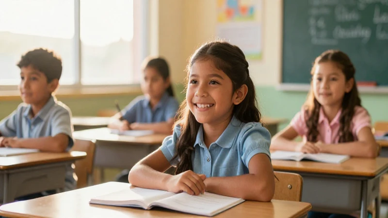 Niño mexicano feliz en aula moderna bajo luz dorada