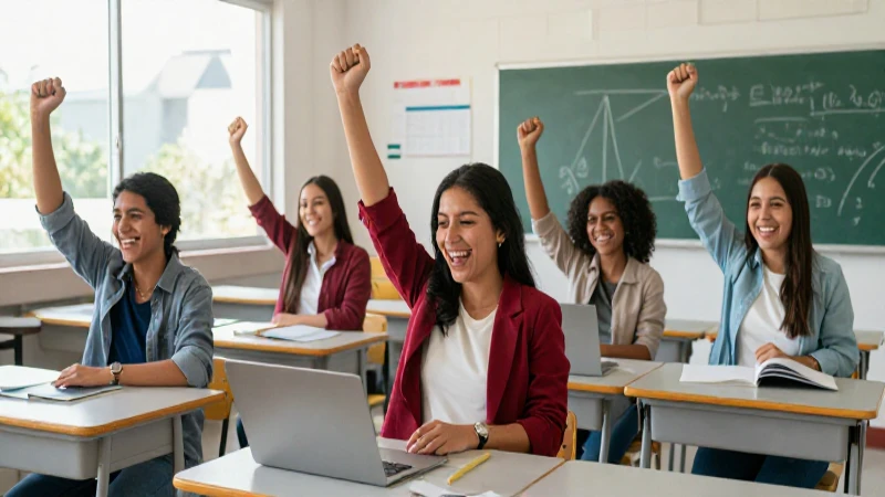 Estudiantes mexicanos celebrando su éxito en un aula moderna