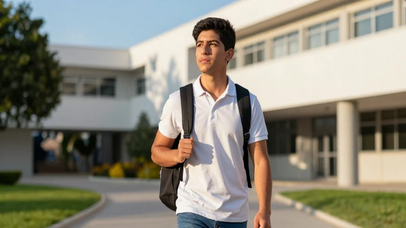 Estudiante mexicano con determinación en campus moderno