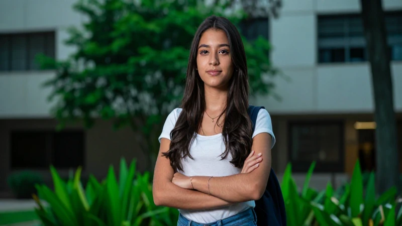 Estudiante mexicana exitosa en campus moderno