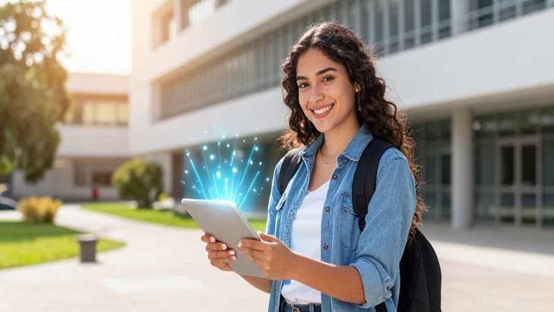 Estudiante mexicano sonriente con tablet en campus moderno