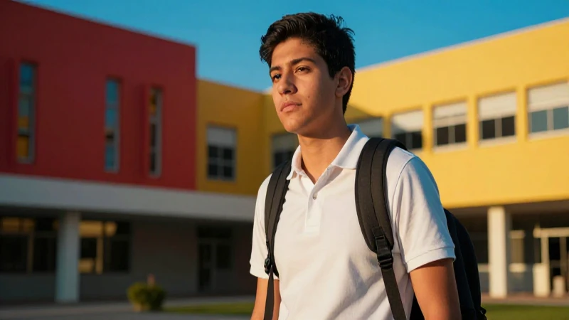 Joven estudiante mexicano en campus moderno, estilo cinemático