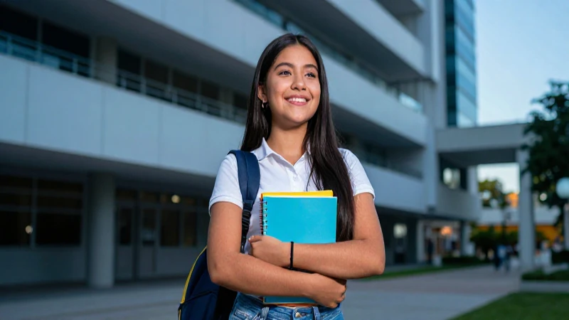 Estudiante mexicano vibrante en campus moderno