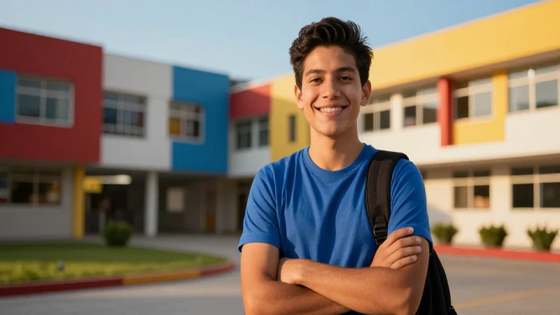 Estudiante sonriente en campus moderno y vibrante