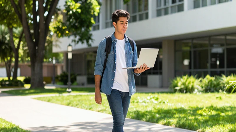 Estudiante mexicano con laptop en campus moderno