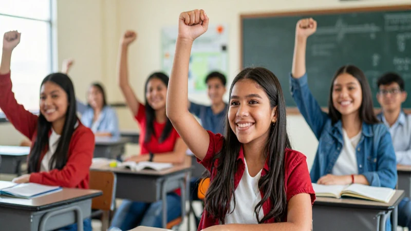 Estudiantes mexicanos celebrando éxito en un aula vibrante