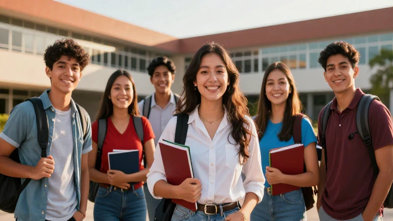 Estudiantes mexicanos sonrientes en campus vibrante