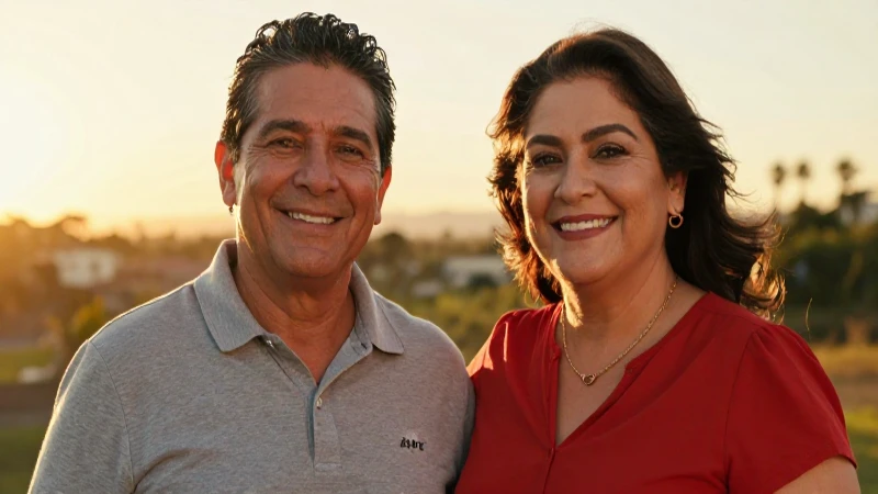 Pareja mexicana madura sonriendo en atardecer dorado