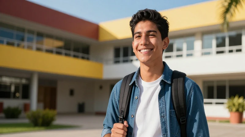 Estudiante mexicano sonriente en campus vibrante y moderno