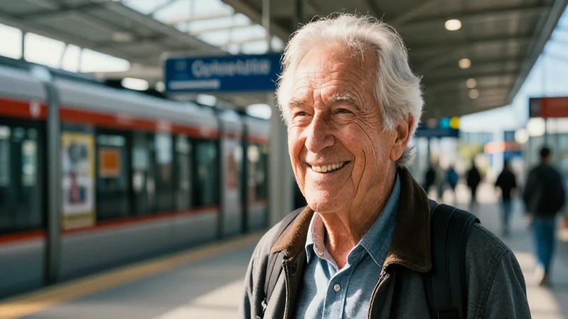 Persona mayor sonriente en estación moderna y soleada