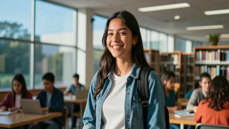 Estudiante mexicano sonriente en biblioteca moderna