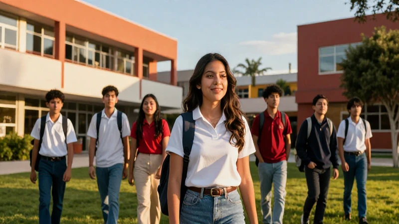 Estudiantes exitosos en un campus moderno y vibrante