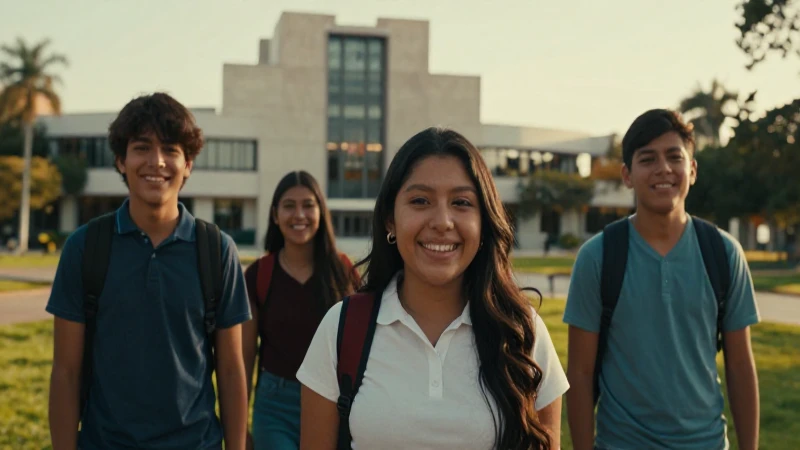 Estudiantes mexicanos sonríen en campus universitario moderno