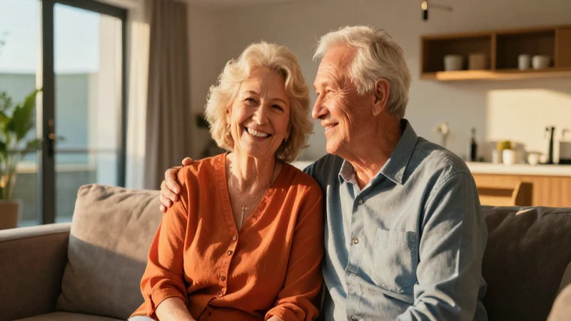 Pareja anciana feliz en salón moderno