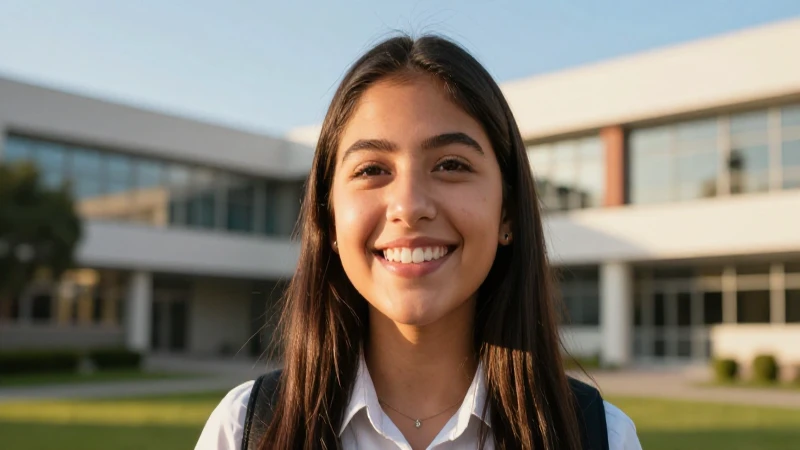 Joven mexicana sonriente en campus moderno