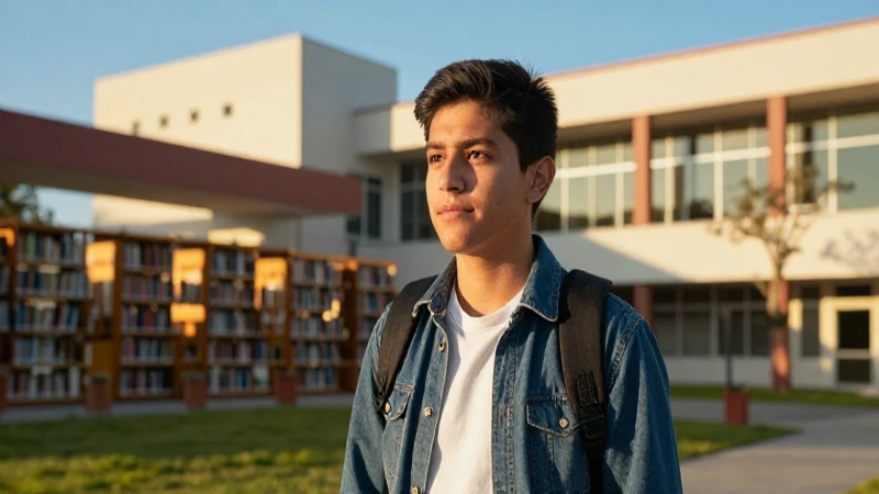 Estudiante mexicano decidido en campus moderno