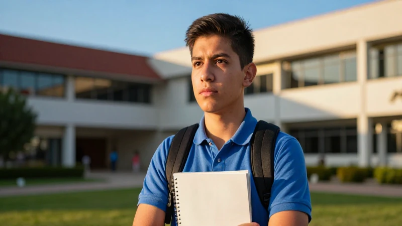 Estudiante mexicano concentrado en campus moderno al atardecer